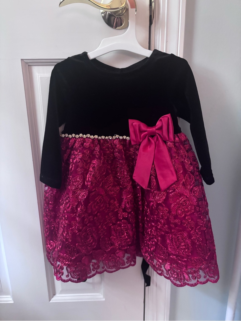 Rare Editions Black Velvet Top with Fuchsia Lace Skirt Dress